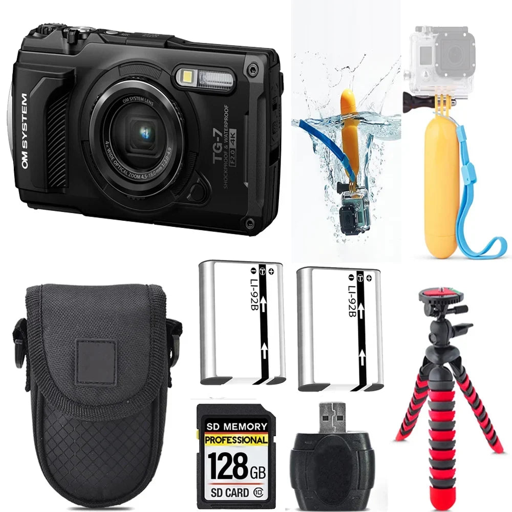 Olympus OM SYSTEM Tough TG-7 Digital Camera (Black) + Floating Hand Grip +  Extra Battery +Tripod + Case -128GB Kit