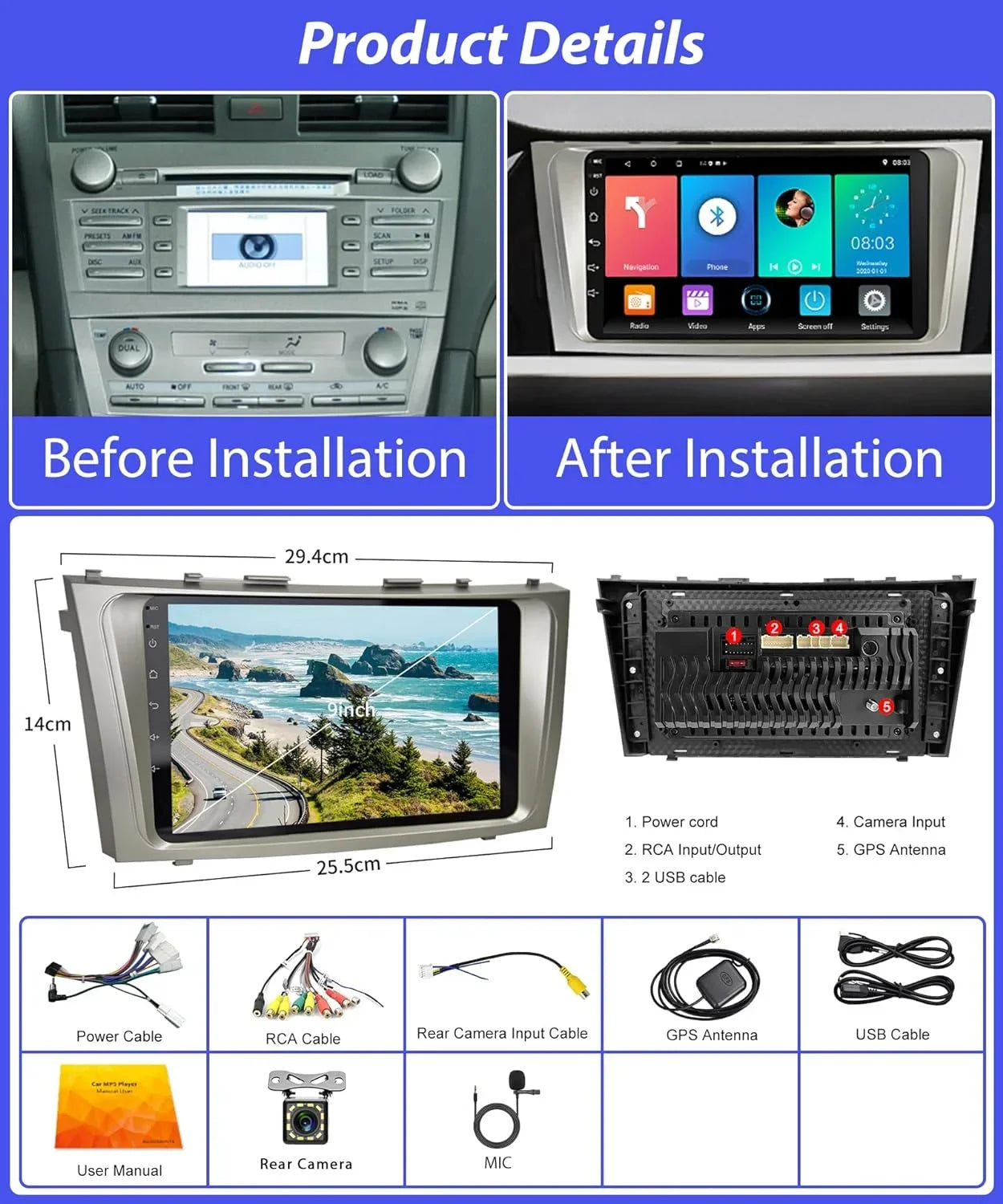 THONZER 2G+32G  Carplay Android Car Stereo for Toyota Camry 2006-2011, 9 Inch Touch Screen Android Auto Car Radio Bluetooth GPS Navigation WiFi SWC FM USB Camry Radio + Backup Camera