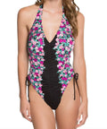BETSEY JOHNSON Women's Floral Pattern One Piece Swimsuit, Black, Large