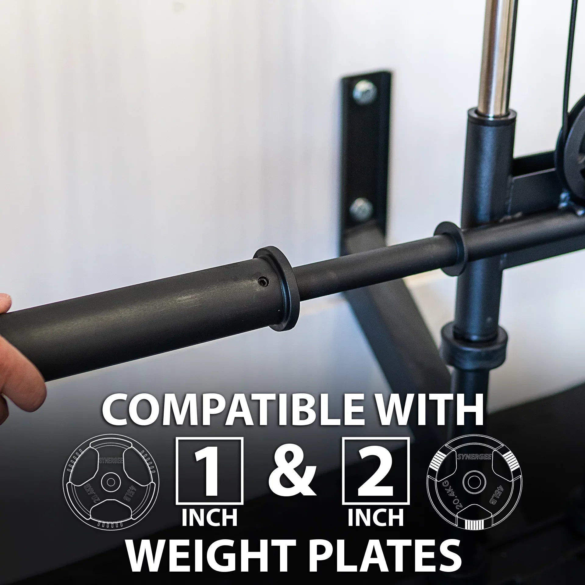 Synergee Wall Mounted Adjustable Dual Pulley Machine. Home Cable Attachment Station for Pulley System. For 1” and 2” Opening Weight Plates. Includes 2 Nylon Handles and Universal Attachment Points.
