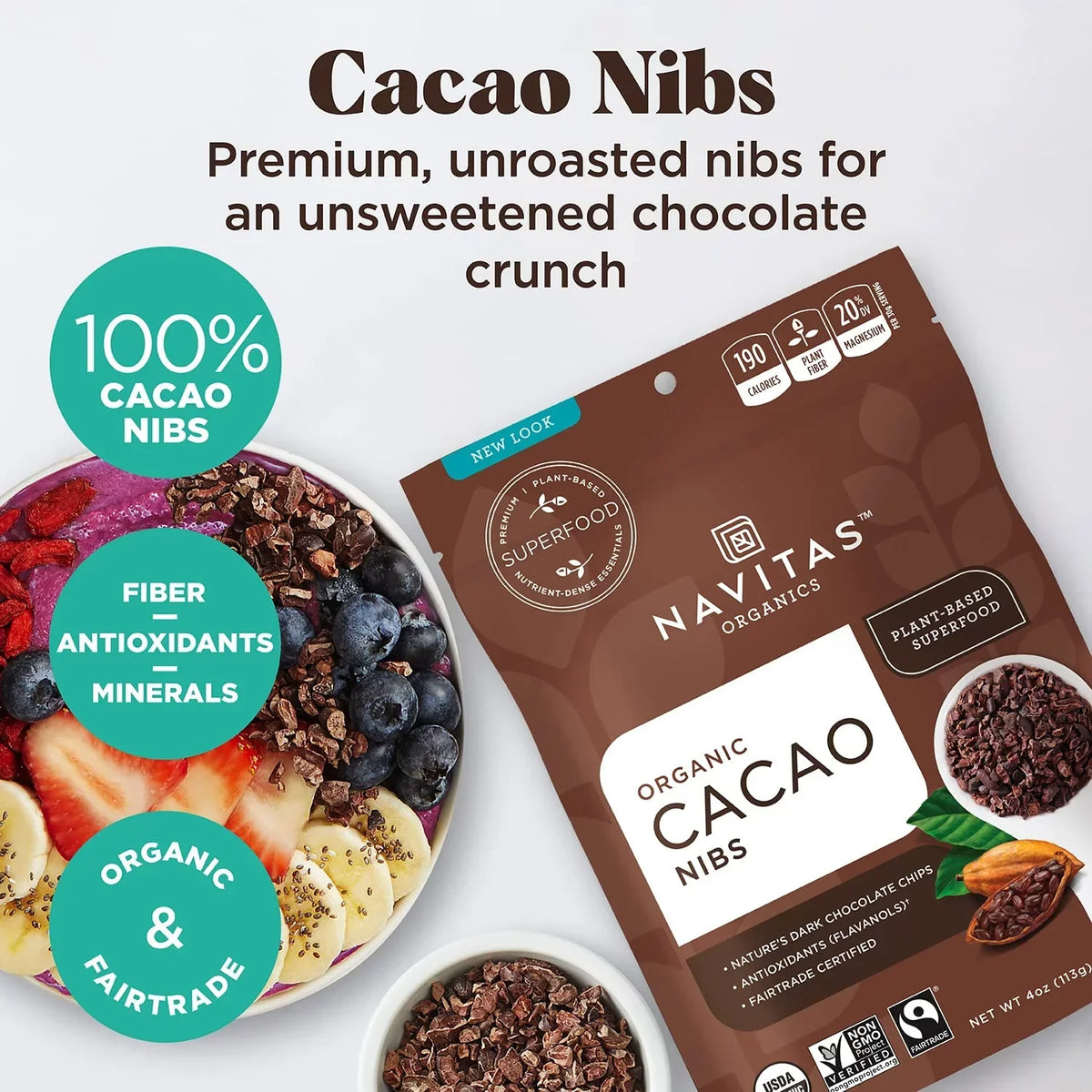 Navitas Organics Raw Cacao Nibs, 8 oz. Bag, 76 Servings  Organic, Non-GMO, Fair Trade, Gluten-Free