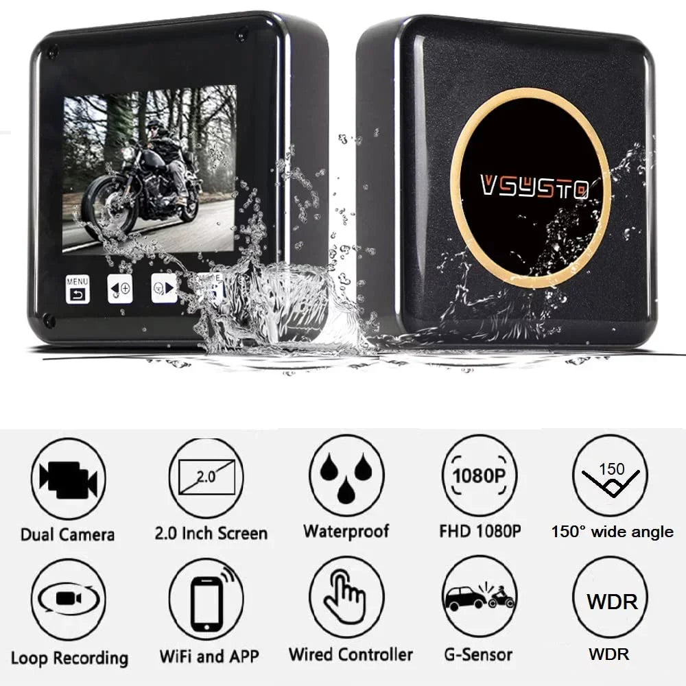 VSYSTO 2 Inch Screen HD 1080P Motorcycle Dash Cam, Full Body Waterproof SonyIMX307 150° Wide Angle Fish Eye Lens Front and Rear Camera, WDR, Night Vision, Loop Recording, G-sensor
