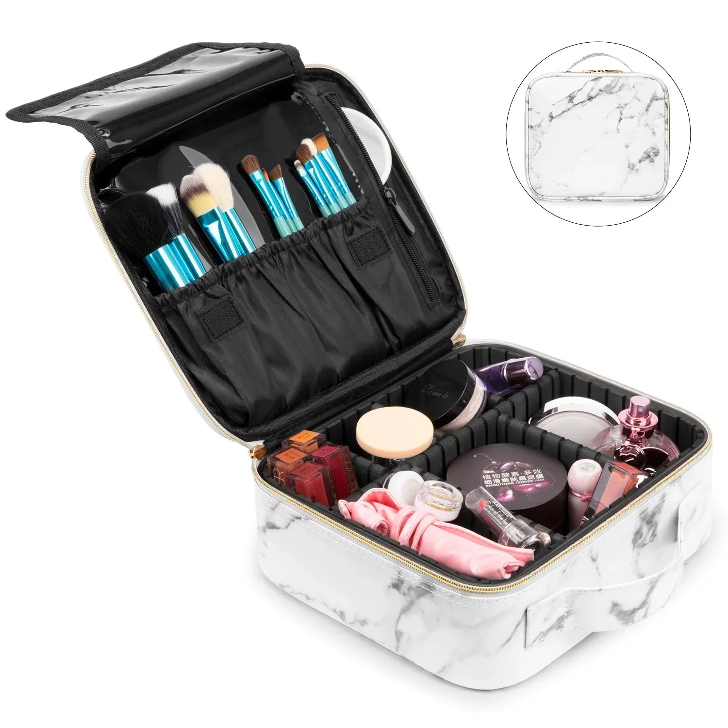 ZBH Travel Makeup Train Case Make Up Cosmetic Organizer Bag Makeup Tool Storage with Adjustable Compartments for Women Makeup Brush Toiletry Jewelry Digital Accessories