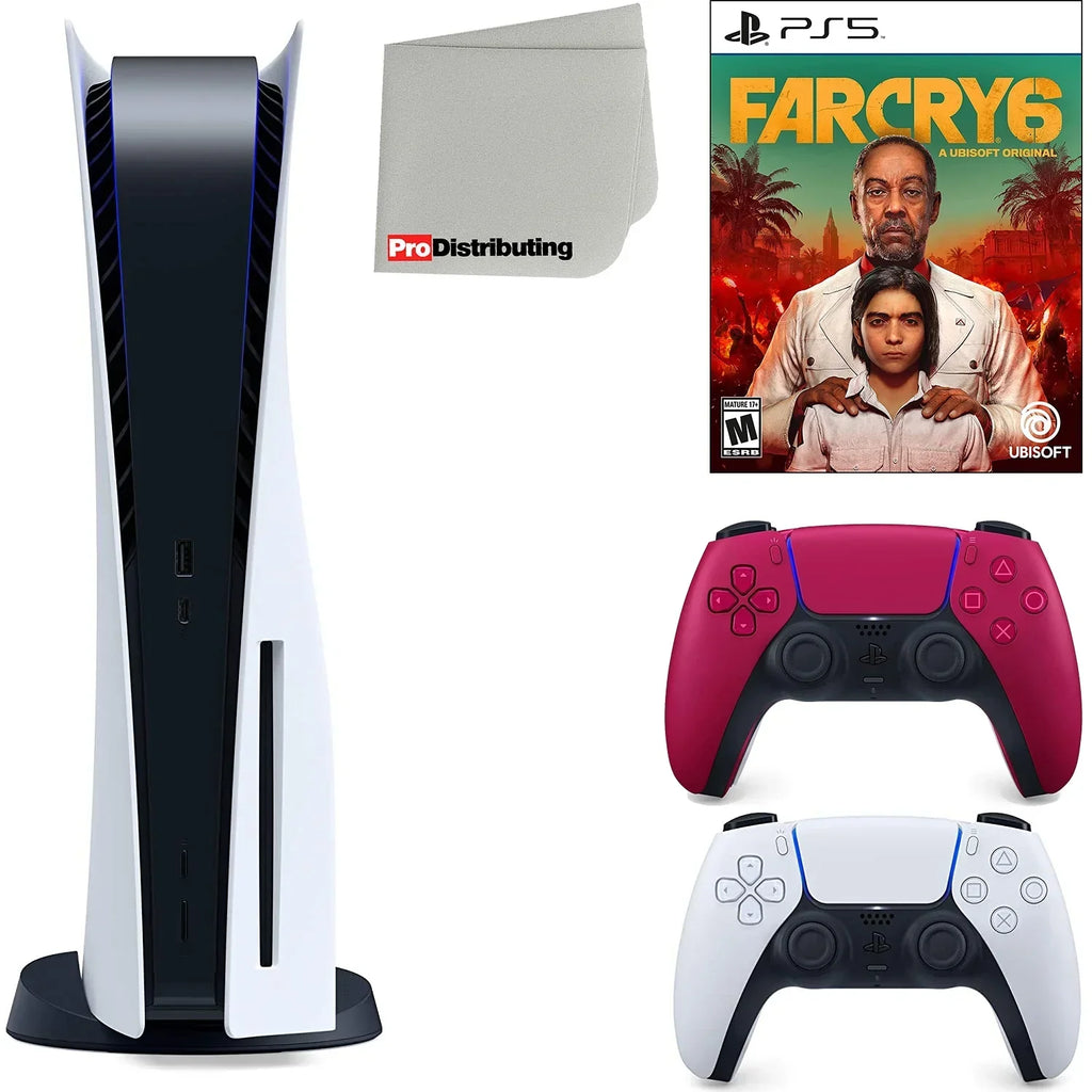 Sony Playstation 5 Disc Version (Sony PS5 Disc) with Cosmic Red Extra Controller, Far Cry 6 and Microfiber Cleaning Cloth Bundle