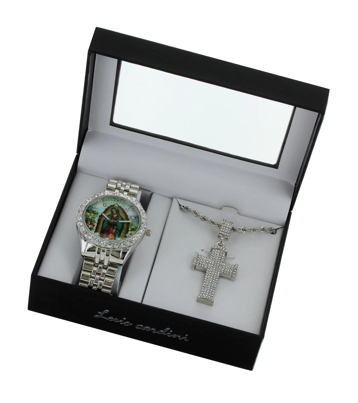 Men's Our Lady of Guadalupe Silver-Tone Metal Bracelet Watch with Neckless and Cross Pendent Set