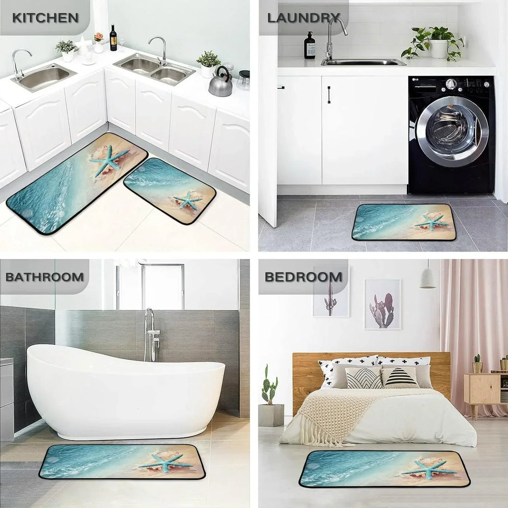 Bestwell Starfish Summer Beach Kitchen Mats and Rugs, Sea Wave Conch Floor Runner Area Rug Washable Carpet Perfect for Living Room Bedroom Entryway, 19.7"x27.6" + 19.7"x47.2"