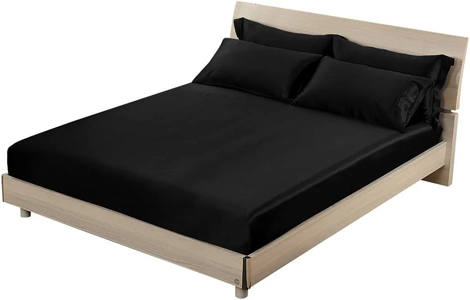 HAOFEI Luxury Mulberry Silk Fitted Sheet 19 Momme Seamless, Queen, Black