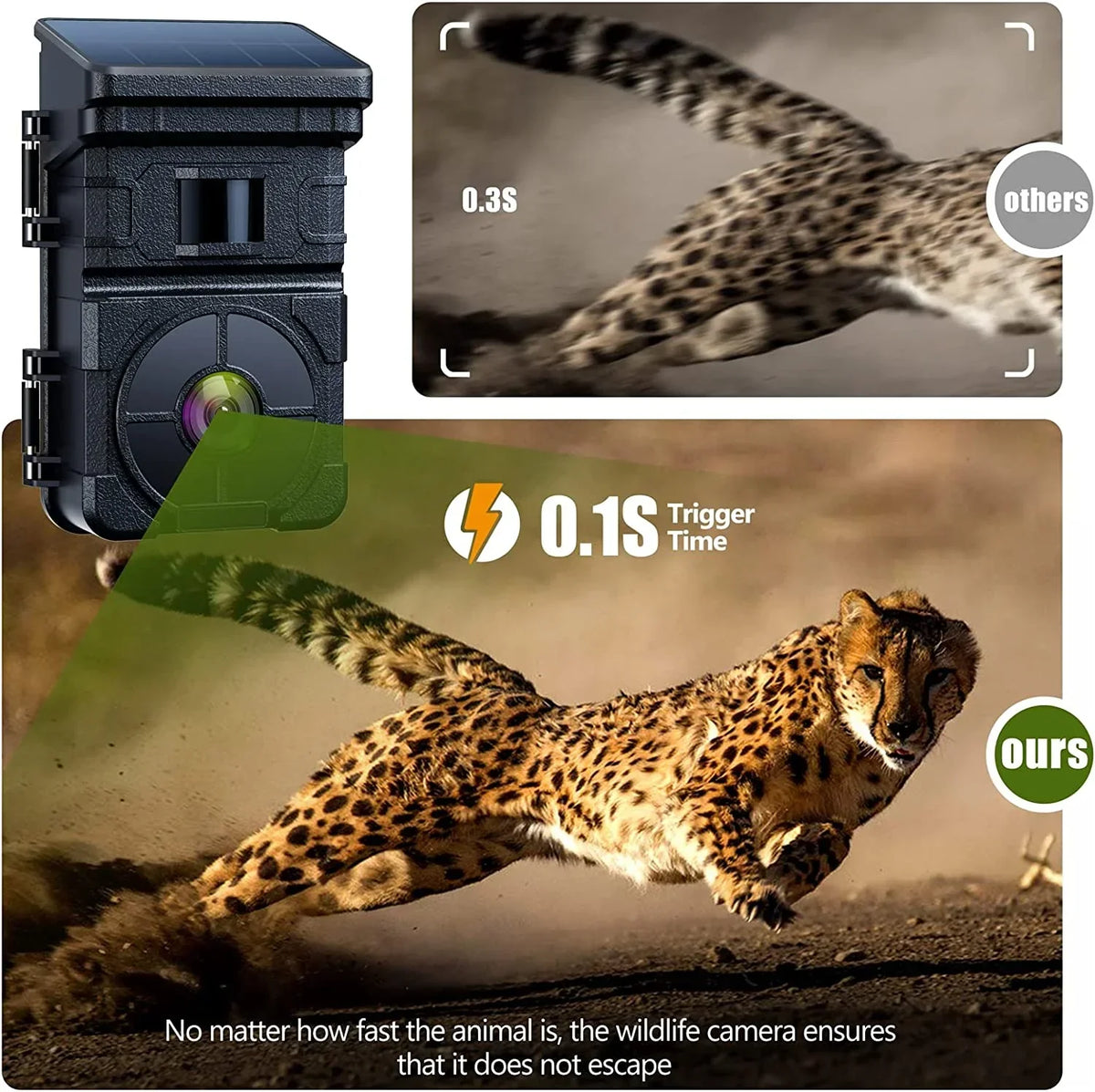 CAMPARK Solar Trail Camera 24MP 1080P Game Camera with 2500mAh Built-in Lithium Battery Rechargeable Night Vision Waterproof IP66 Motion Activated 0.1s Trigger Speed 120°Wide Angle Hunting Cam