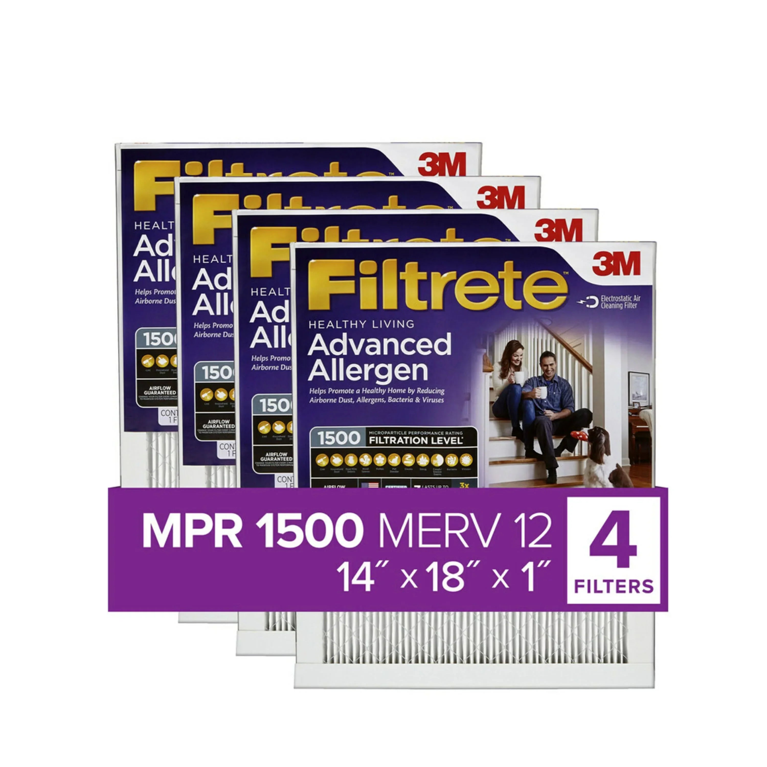 Filtrete 14x18x1 Air Filter, MPR 1500 MERV 12, Advanced Allergen Reduction, 4 Filters