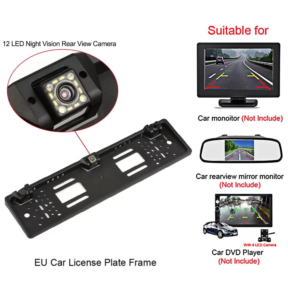 European License Plate Frame Camera - 12 LED Rear View Camera with Reversing System and Parking Sensor Integration
