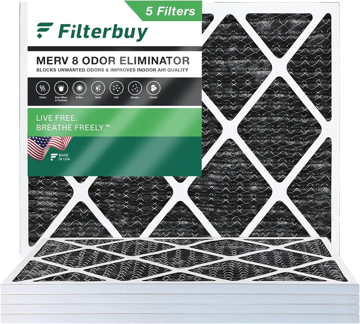 Filterbuy 16x18x1 MERV 8 Odor Eliminator Pleated HVAC AC Furnace Air Filters with Activated Carbon (5-Pack)