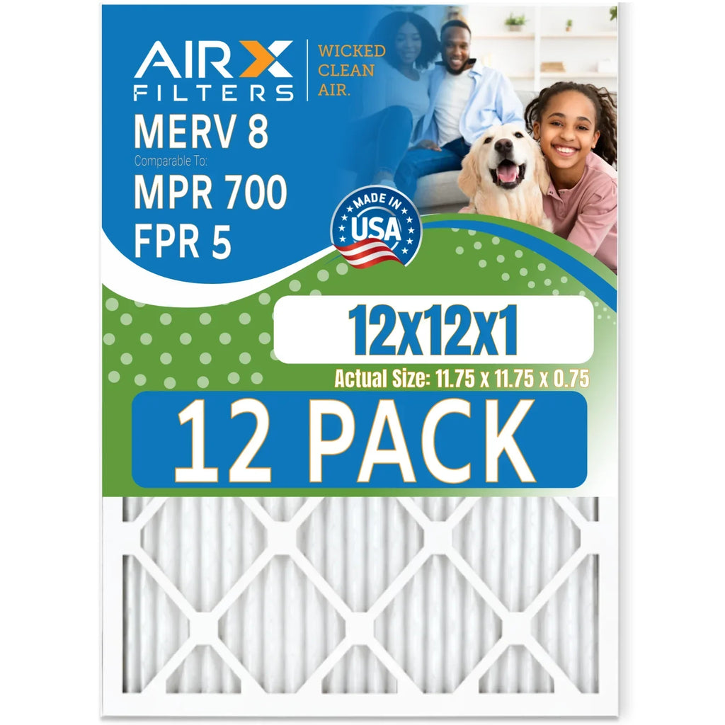 12x12x1 Air Filter MERV 8 Rating, 12 Pack of Furnace Filters Comparable to MPR 700 & FPR 5 - Made in USA by AIRX FILTERS WICKED CLEAN AIR.