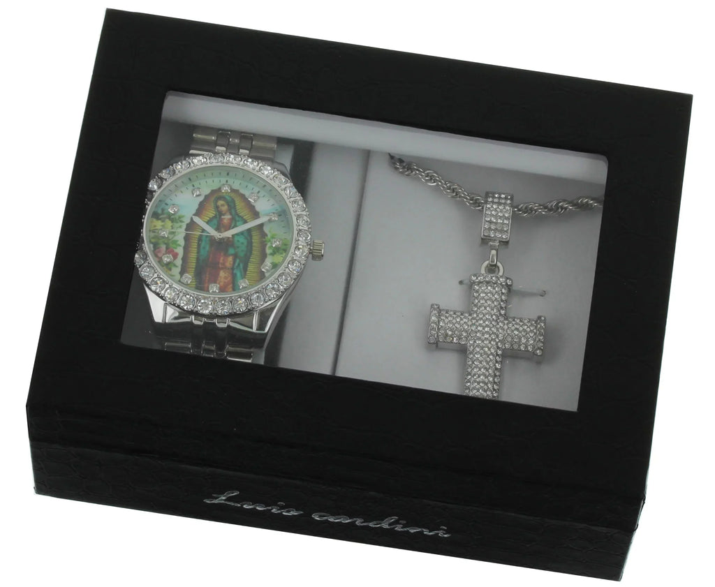 Men's Our Lady of Guadalupe Silver-Tone Metal Bracelet Watch with Neckless and Cross Pendent Set
