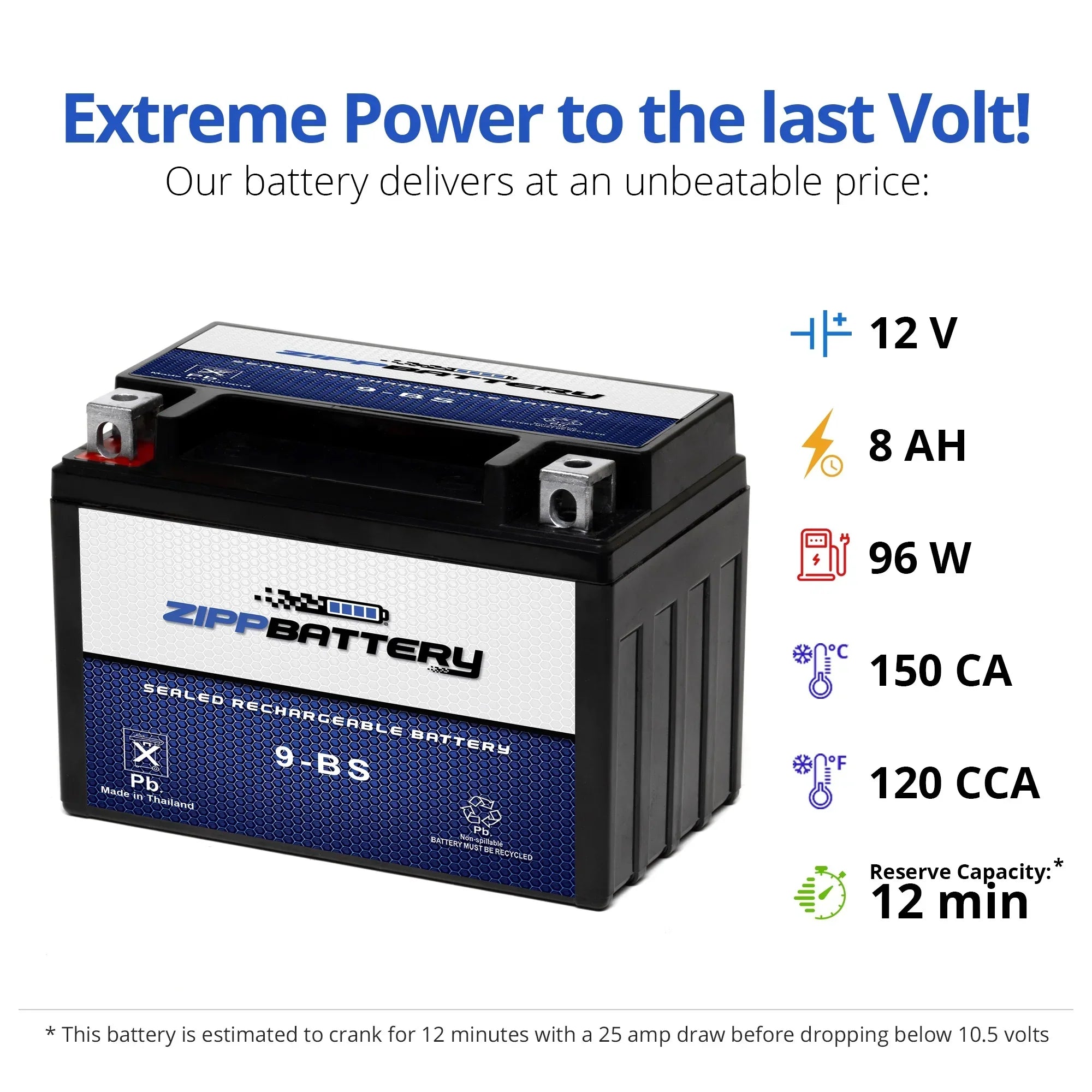 Zipp Battery YTX9-BS (9-BS 12 Volt,8 Ah, 120 CCA) Motorcycle Battery for Kawasaki 636cc Zx636-b C Ninja Zx-6r 2003