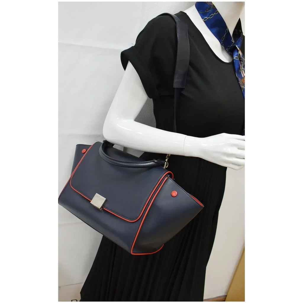 Pre-owned CELINE Trapeze Small 2way Leather Tote Shoulder Bag Blue