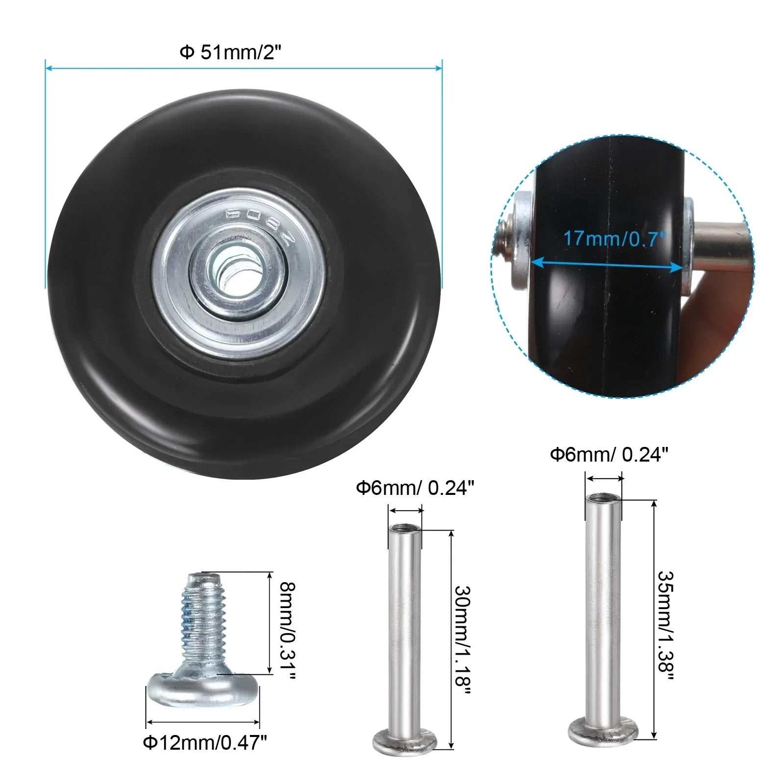 Uxcell Luggage Wheels Replacement 51 x 17 mm/2" x 0.7" for Suitcase, Black, 2 Set