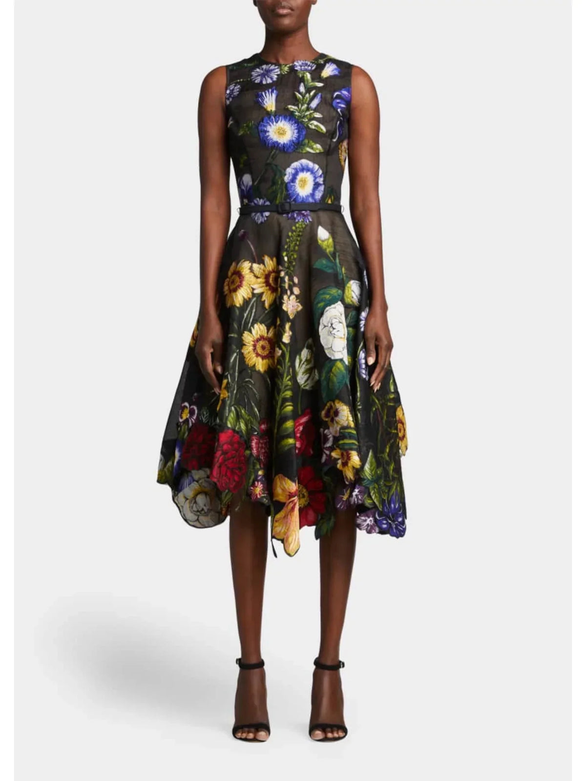 OSCAR DE LA RENTA Womens Black Zippered Belted Sheer Lined Handkerchief Hem Floral Sleeveless Round Neck Midi Fit + Flare Dress 8