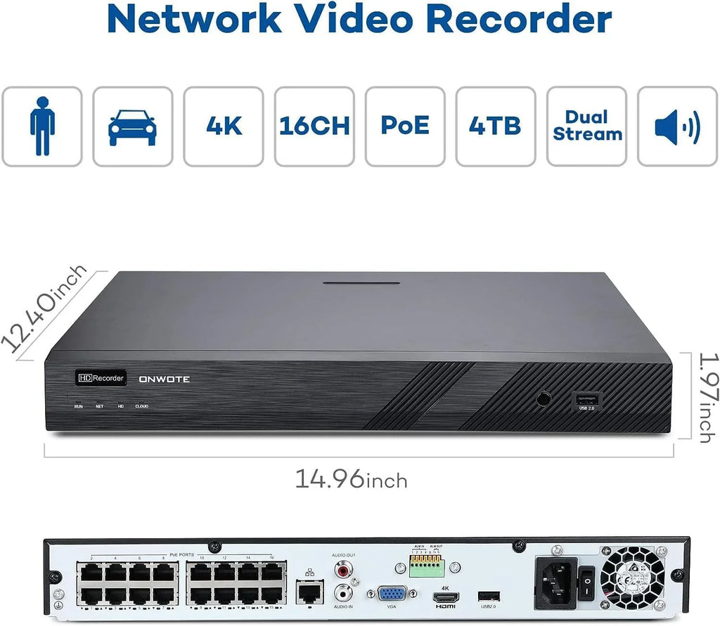 ONWOTE 4K 16 Channel PoE Security Camera System, AI Human & Vehicle Detection, 16CH 4K 8MP NVR with 4TB HDD pre-installed for 24-7 Recording, 16pcs 6MP Outdoor PoE IP Cameras, Business Surveillance