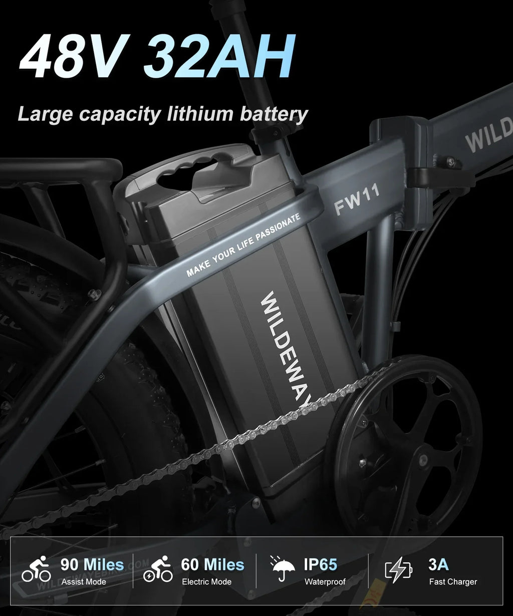 Wildeway Folding Electric Bicycle for Adults ,750w Motor，48v 32ah Removable Battery , 7 Speeds, 20×3.0 Fat Tire Snow Mountain Beach City Ebike
