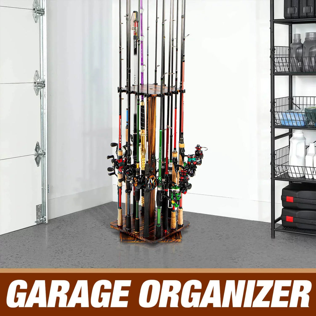 Ghosthorn Fishing Rod Pole Holders for Garage 360 Degree Rotating , Holds up to 16 Rods  Wood  Fishing Gifts for Men