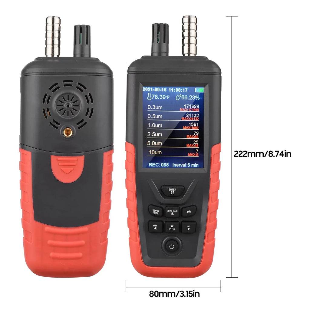 Walmeck Dust Particle Counter 6-Channel 0.3um/ 0.5μm/ 1.0μm/ 2.5μm/ 5.0μm/ 10um PM2.5 PM10 Detector with 3.2-inch Backlight TFT Color Screen Air Quality Tester Temperature Humidity Home Offi