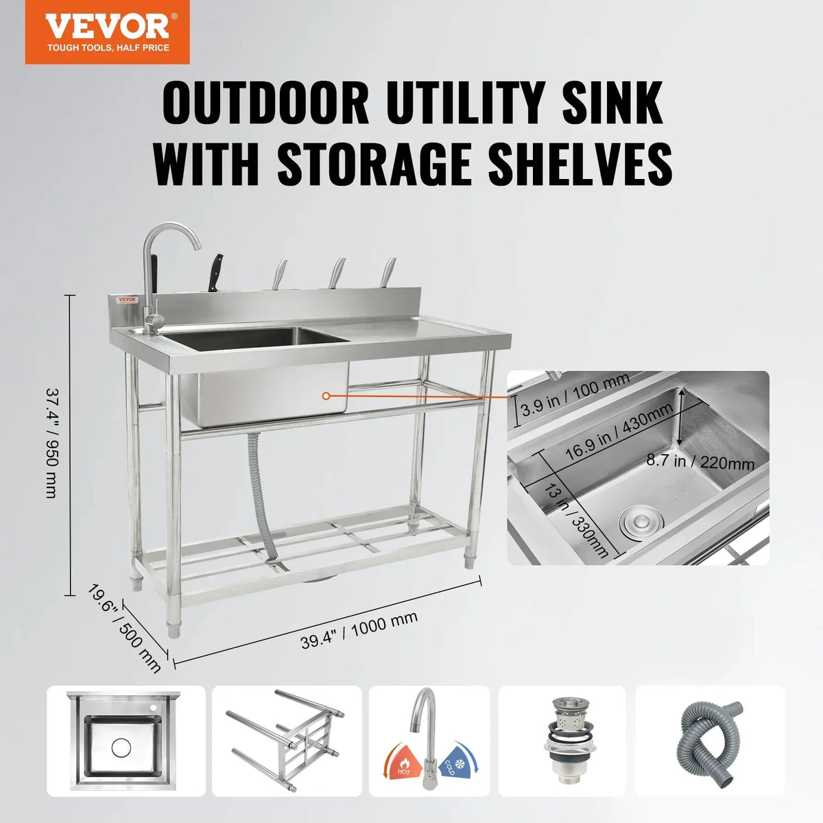 BENTISM Stainless Steel Utility Sink Single Bowl w/Workbench 39.4 x 19.1 x 37.4 in