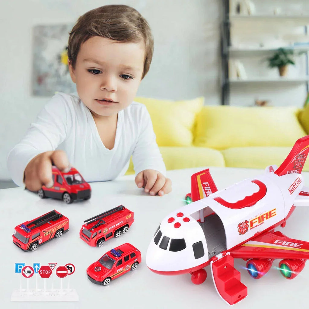 SHANNA Airplane Toy Fire Truck Playset with Music and Lights, Transformable Airplane Storage Cart, 3-6 Years Old Boys and Girls Birthday Christmas Gift (Red)