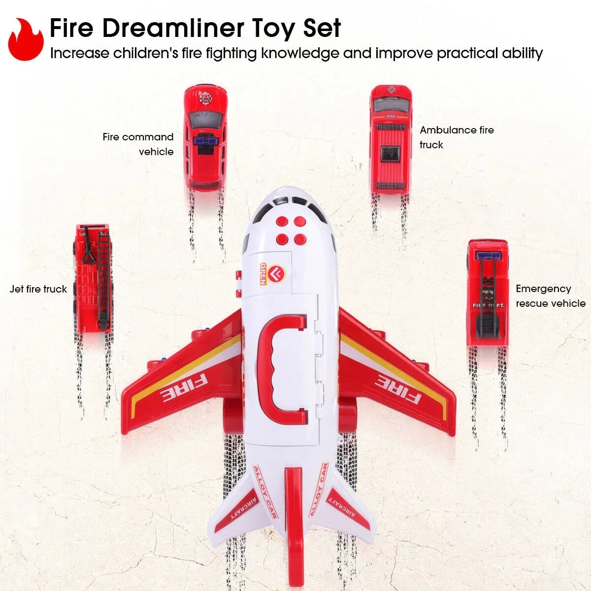 SHANNA Airplane Toy Fire Truck Playset with Music and Lights, Transformable Airplane Storage Cart, 3-6 Years Old Boys and Girls Birthday Christmas Gift (Red)