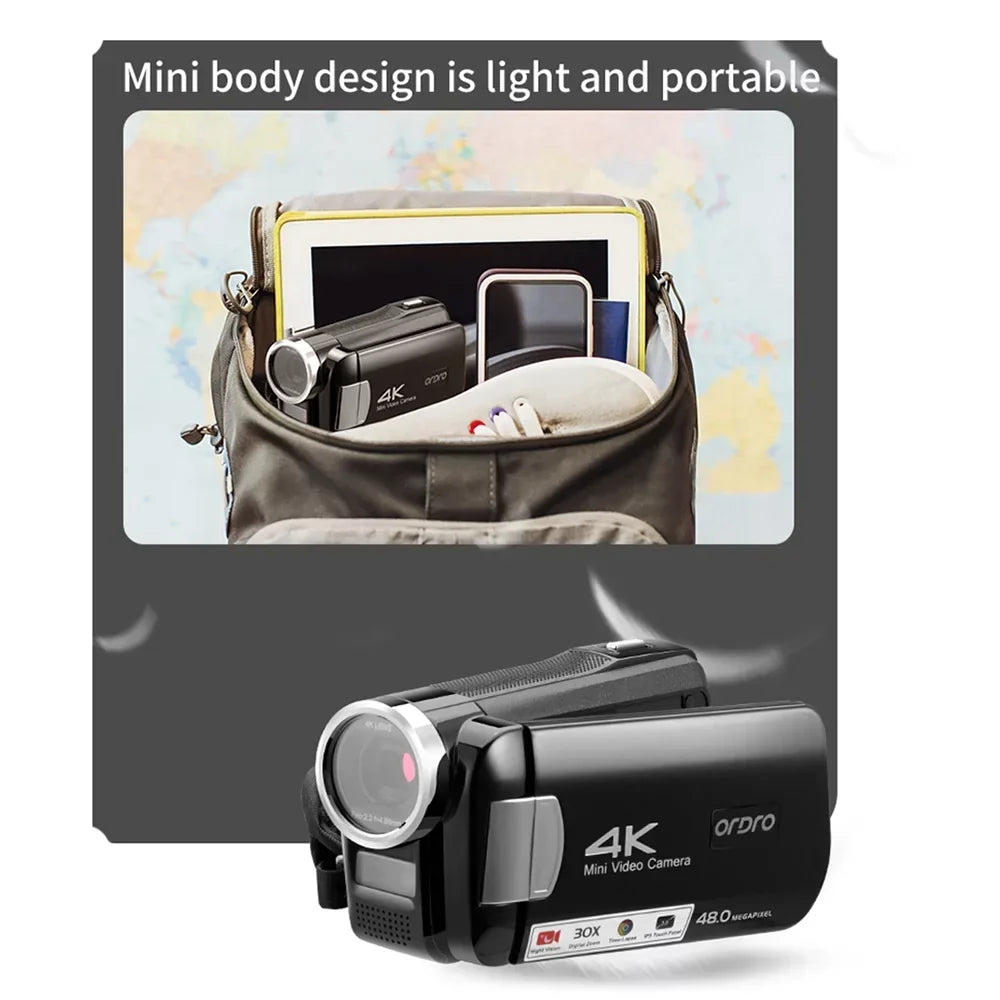 ORDRO 4K Digital Video Camera AC2 Camcorder with 48MP 30X Zoom IR Night Vision IPS Touchscreen for Filmmaking Vlogging