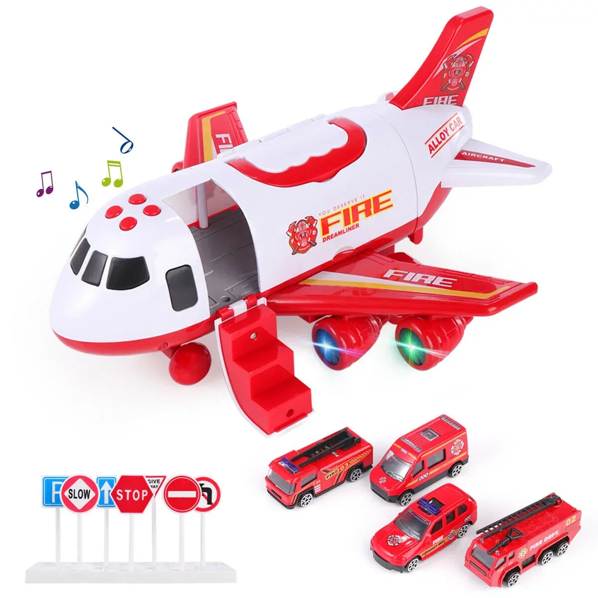 SHANNA Airplane Toy Fire Truck Playset with Music and Lights, Transformable Airplane Storage Cart, 3-6 Years Old Boys and Girls Birthday Christmas Gift (Red)