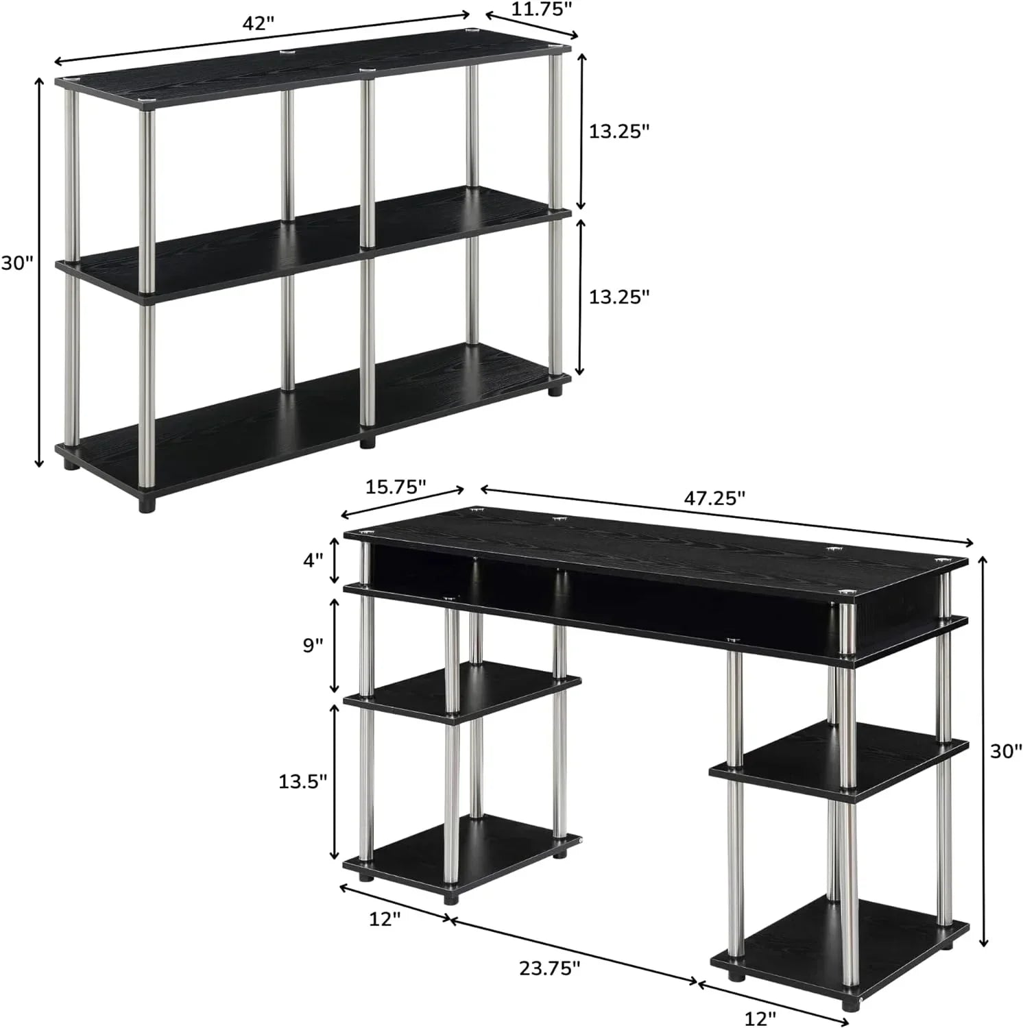 HOZO Designs2Go No Tools Office Contemporary Home Study, Modern Organization, 2-Piece Set (Desk, Console Table), Black