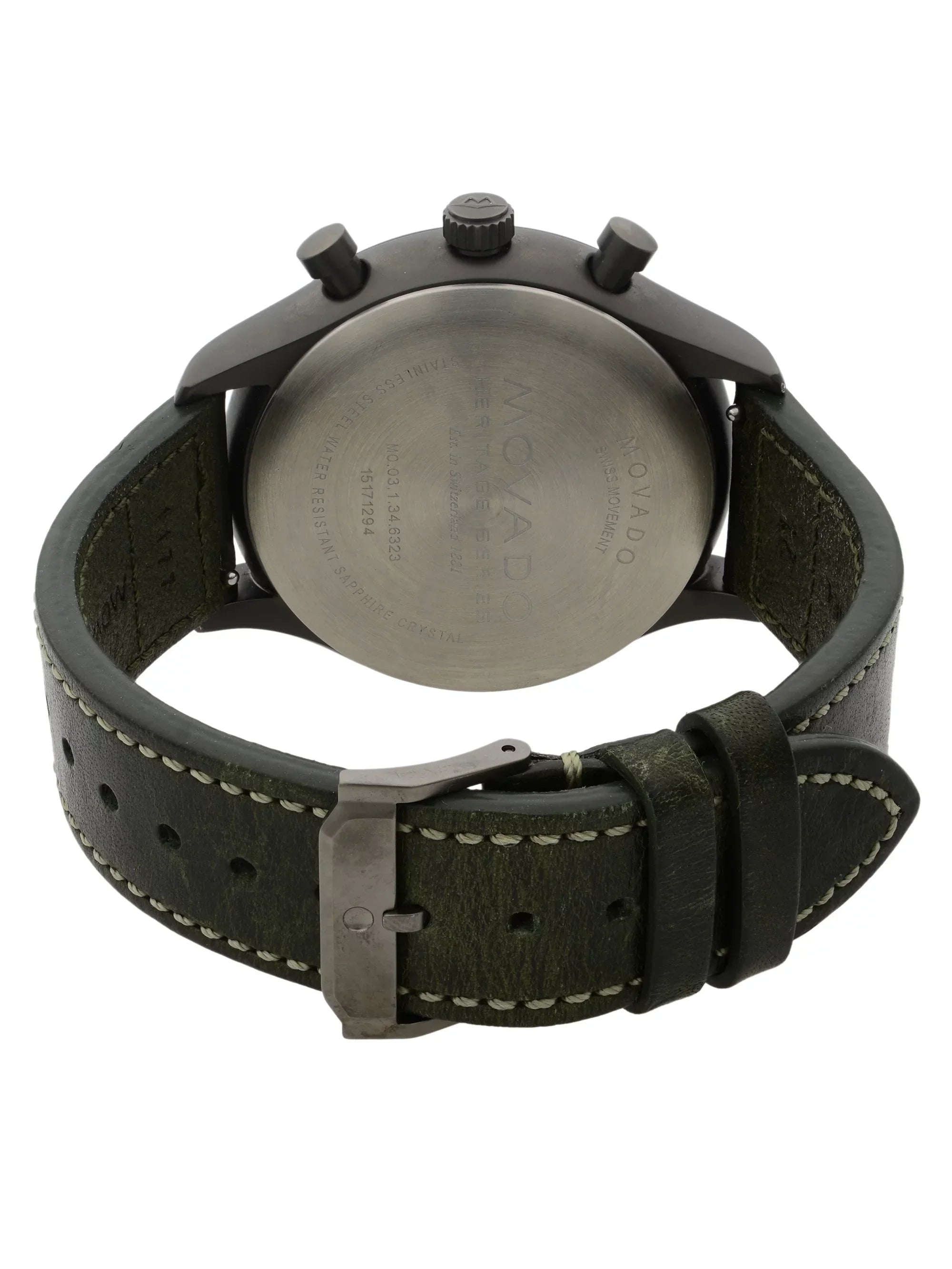Movado Heritage Gunmetal Steel Green Leather Black Dial Quartz Watch 3650029 Pre-Owned