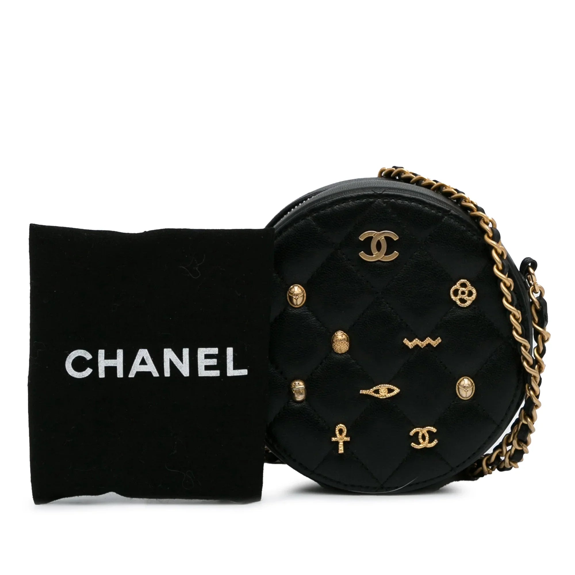 Pre-Owned Authenticated Chanel Lucky Charms Round Crossbody Bag Lambskin Leather Black Unisex (Good)