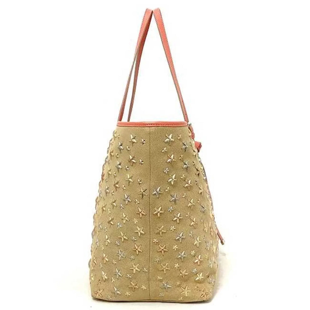 Pre-Owned Jimmy Choo Tote Bag Beige Pink Silver Sarah Studs Star Canvas Leather Women's (Good)