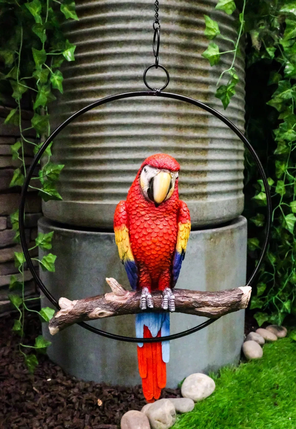 Ebros Hanging Scarlet Macaw Parrot Perching on Branch in Metal Round Ring 13.5"H
