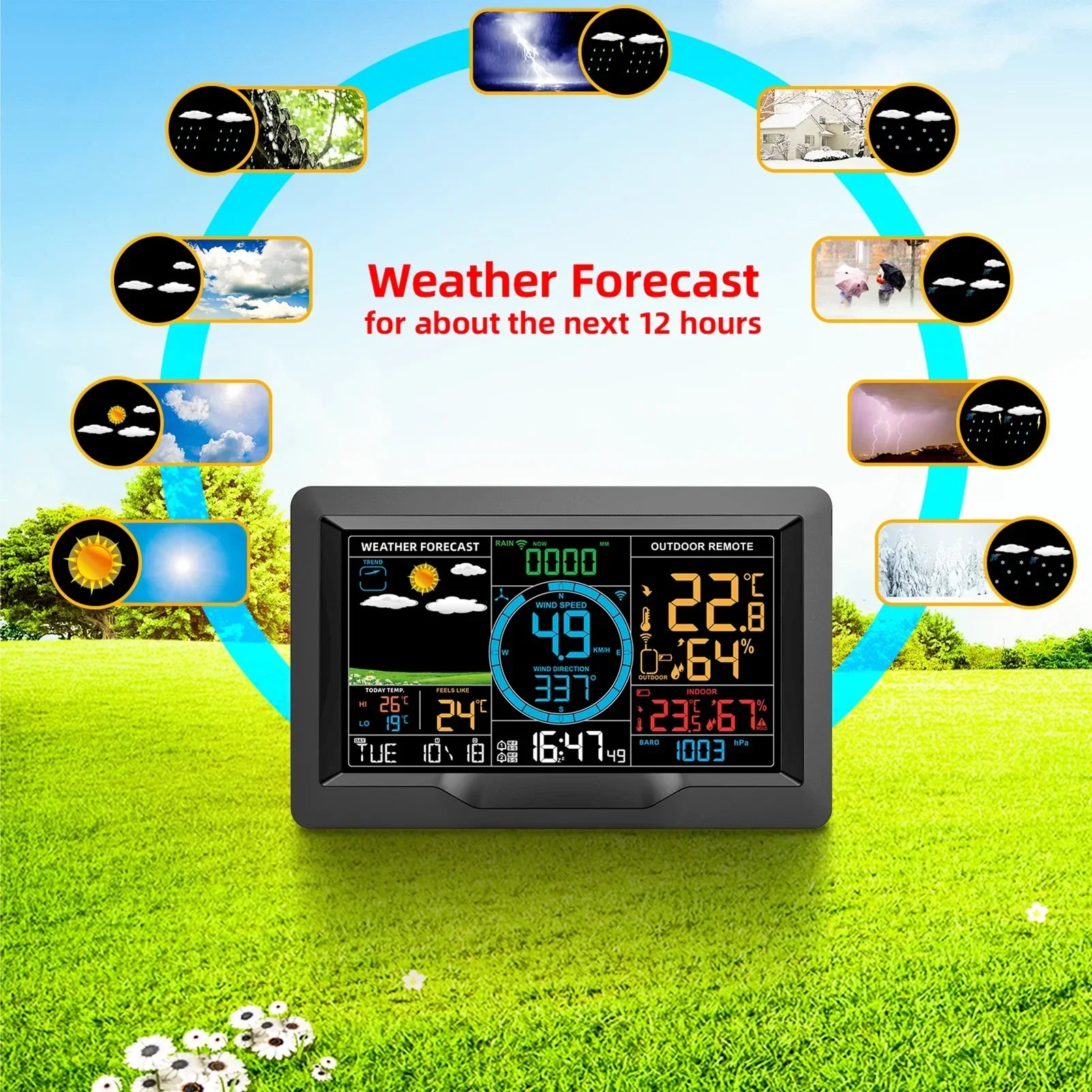 Suzicca Wireless Weather Station Indoor Hygrometer Thermometer Temperature Backlit Humidity Display  Digital Weather Forecast Station Clock Alarm Clock with Sensor USB Port