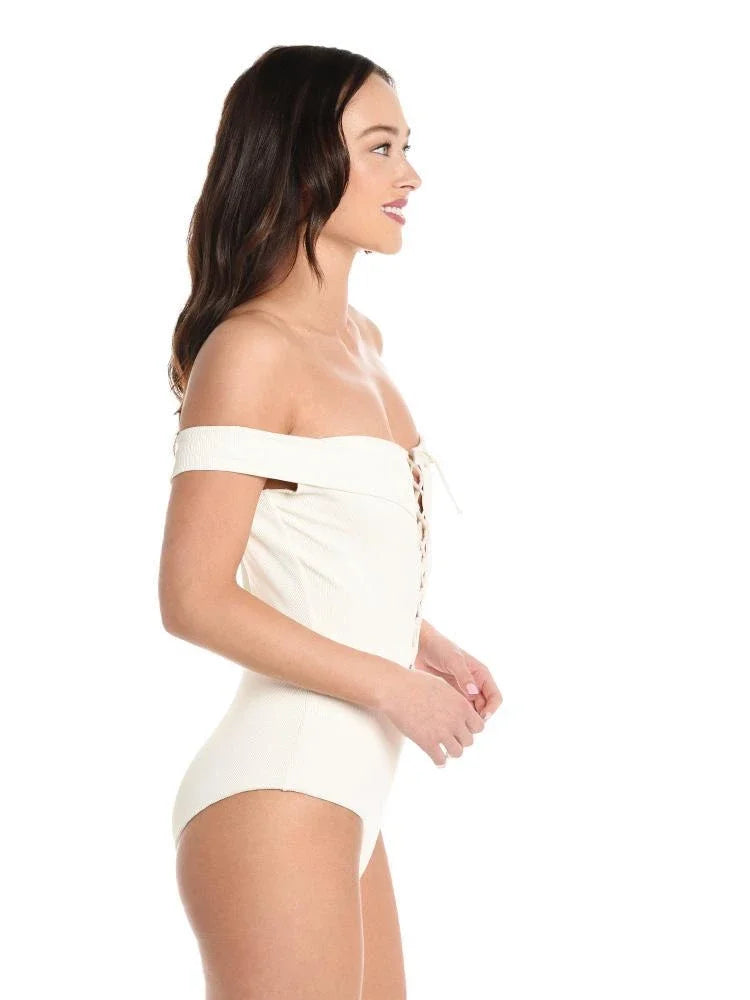 L*Space CREAM Anja Lace-Up Bandeau One Piece Swimsuit, US 6