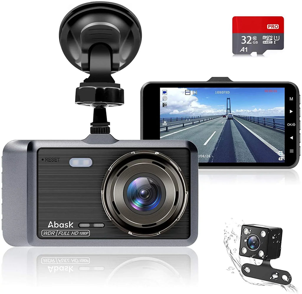 ABASK Q40S Dashcam Front and Rear 1080P FHD - 170° Wide Angle - 4 inch Screen - Reverse Parking Assistance, G-Sensor, Loop Recording, Parking Monitor, Motion Detection, WDR - With 32GB Card