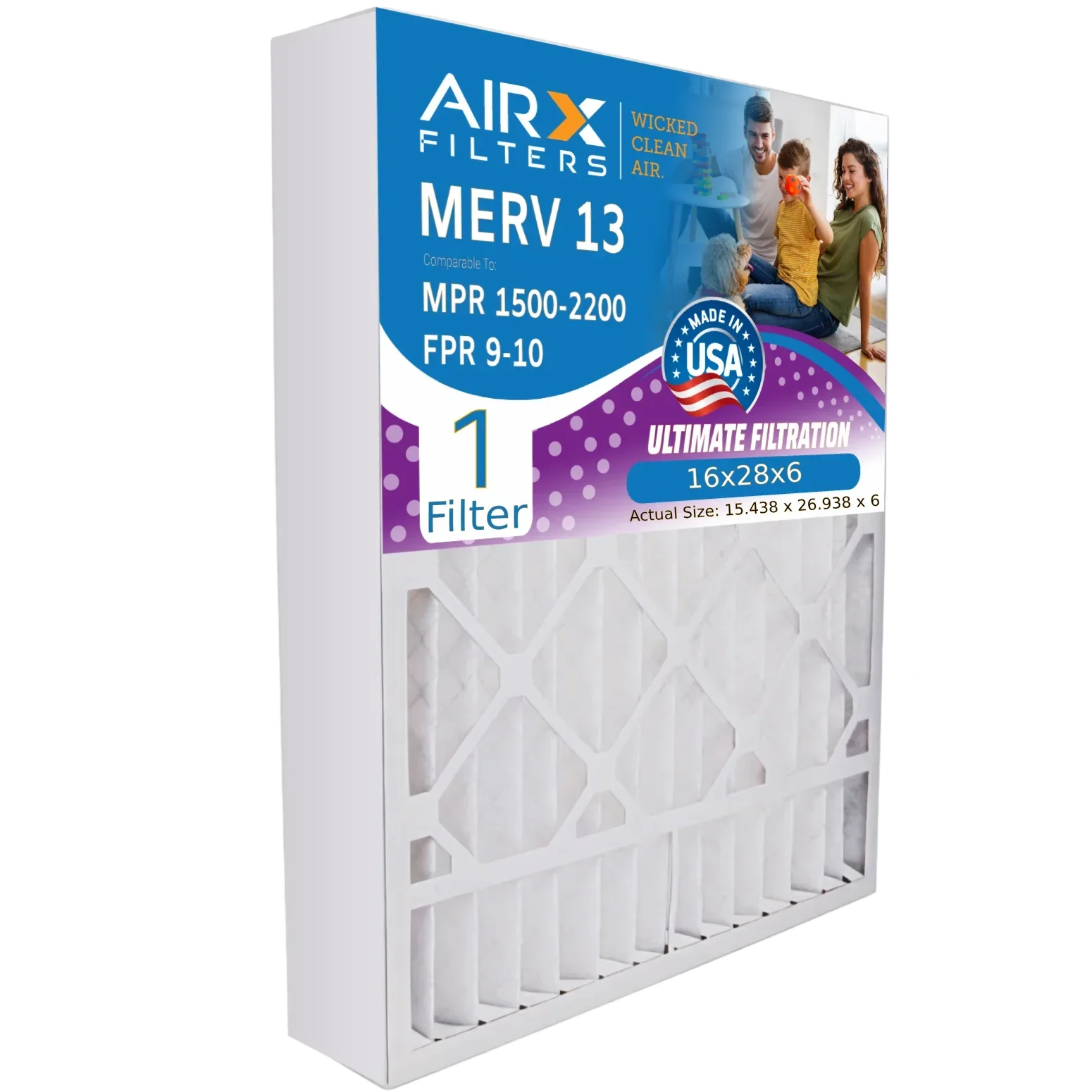 16x28x6 Air Filter MERV 13 Comparable to MPR 1500 - 2200 & FPR 9 Compatible with Aprilaire 401 Premium USA Made 16x28x6 Furnace Filter 1 Single Filter by AIRX FILTERS WICKED CLEAN AIR.