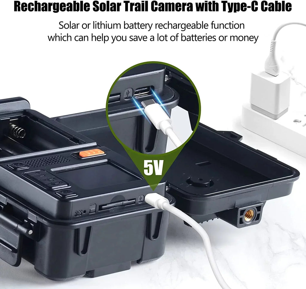 CAMPARK Solar Trail Camera 24MP 1080P Game Camera with 2500mAh Built-in Lithium Battery Rechargeable Night Vision Waterproof IP66 Motion Activated 0.1s Trigger Speed 120°Wide Angle Hunting Cam