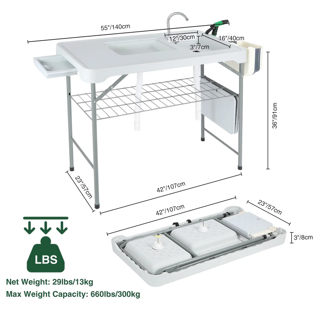 REDCAMP Folding Fish Cleaning Table with 2 Sinks and Sprayer, Outdoor Camping Sink Station w/ Flexible Faucet/Drainage Hoses/Rack/Basket, Portable Camping Table for Garden Beach Patio Picnic