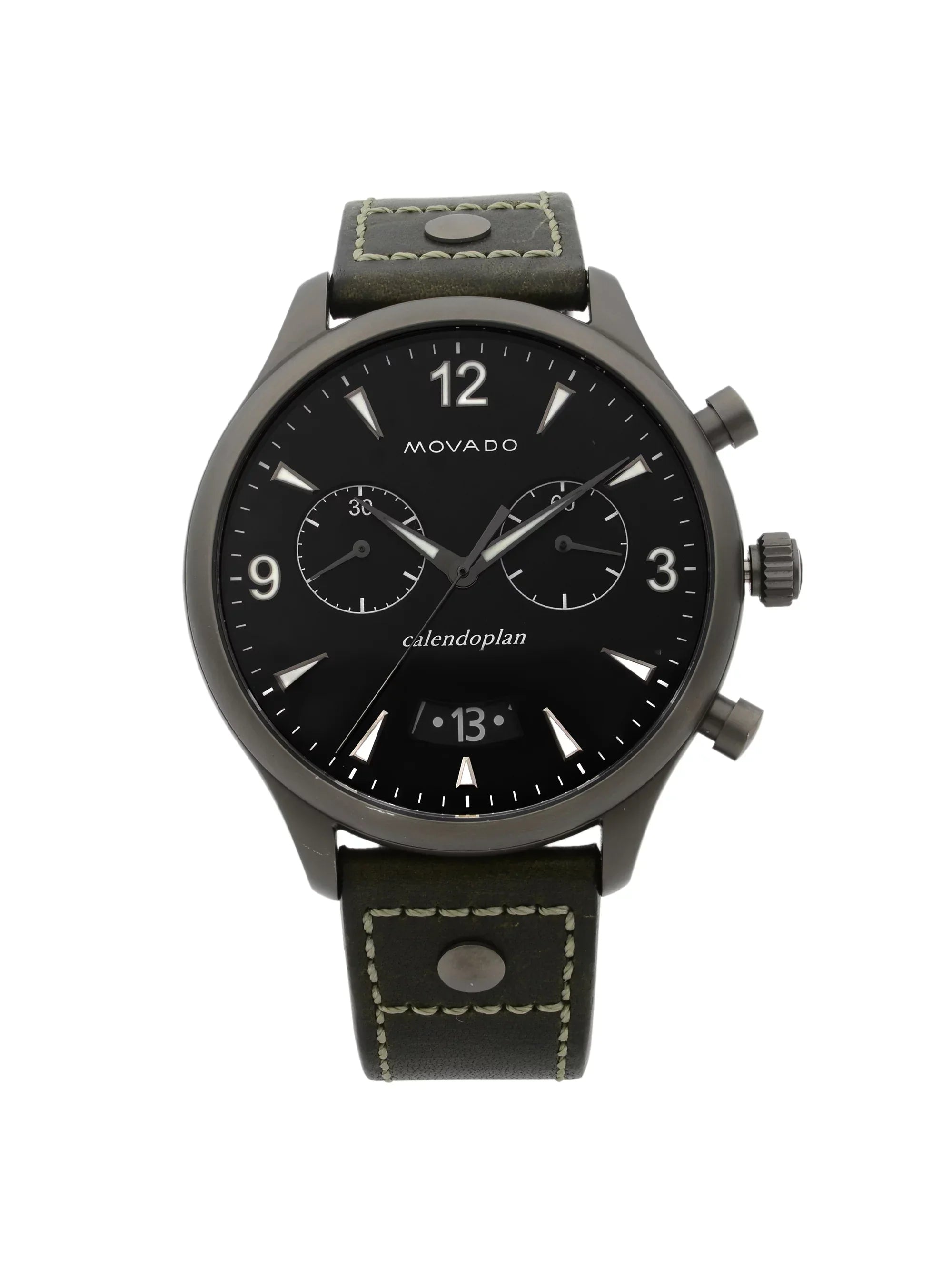 Movado Heritage Gunmetal Steel Green Leather Black Dial Quartz Watch 3650029 Pre-Owned