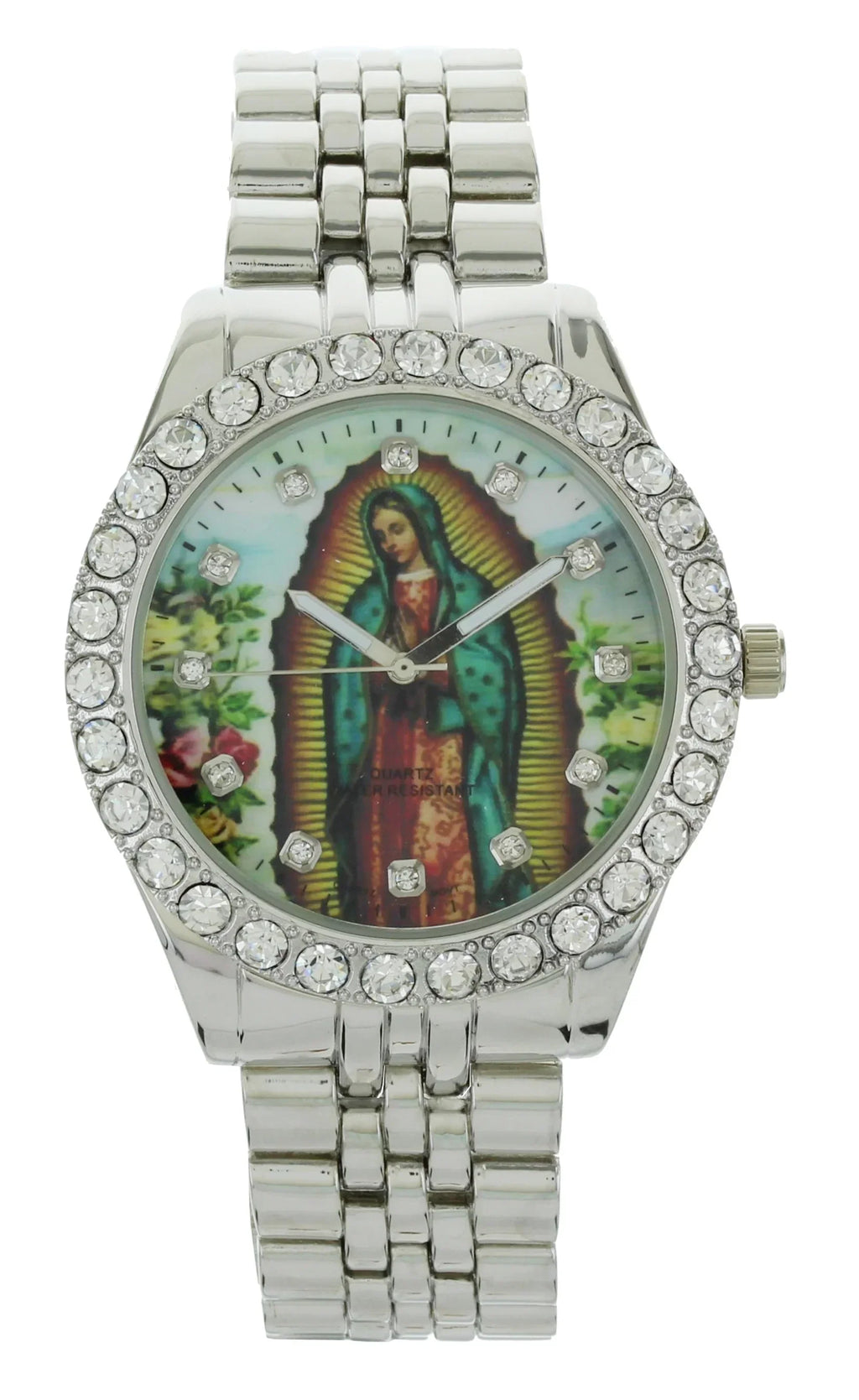 Men's Our Lady of Guadalupe Silver-Tone Metal Bracelet Watch with Neckless and Cross Pendent Set