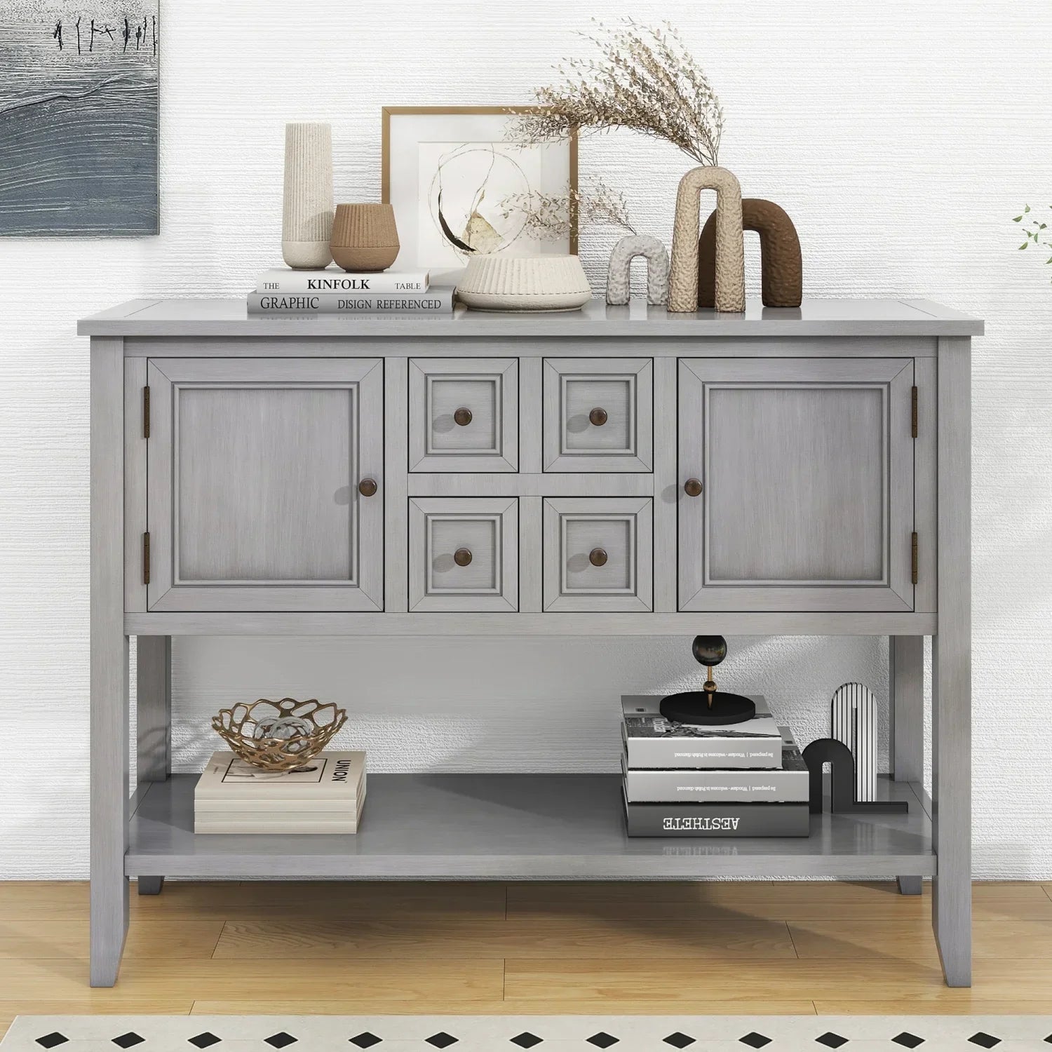 TREXM Cambridge Series Ample Storage Vintage Console Table with Four Small Drawers and Bottom Shelf for Living Rooms  Entrances and Kitchens (Espresso  OLD SKU  WF190263AAP)