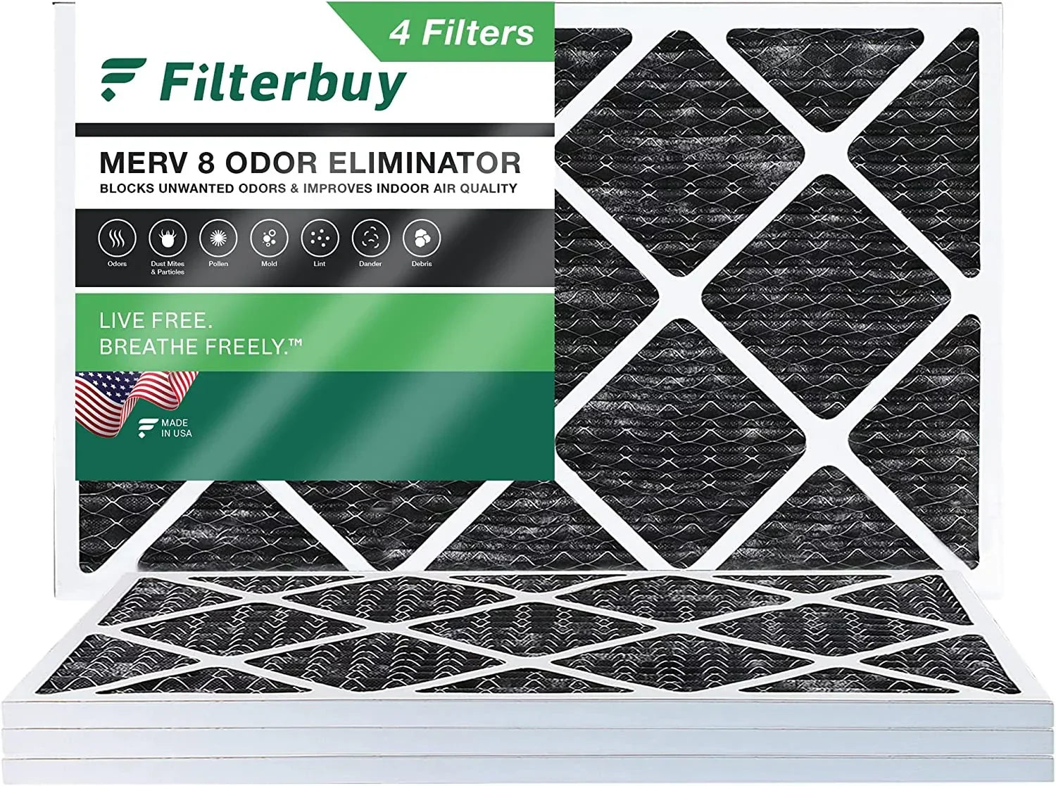 Filterbuy 14x25x1 MERV 8 Odor Eliminator Pleated HVAC AC Furnace Air Filters with Activated Carbon (4-Pack)