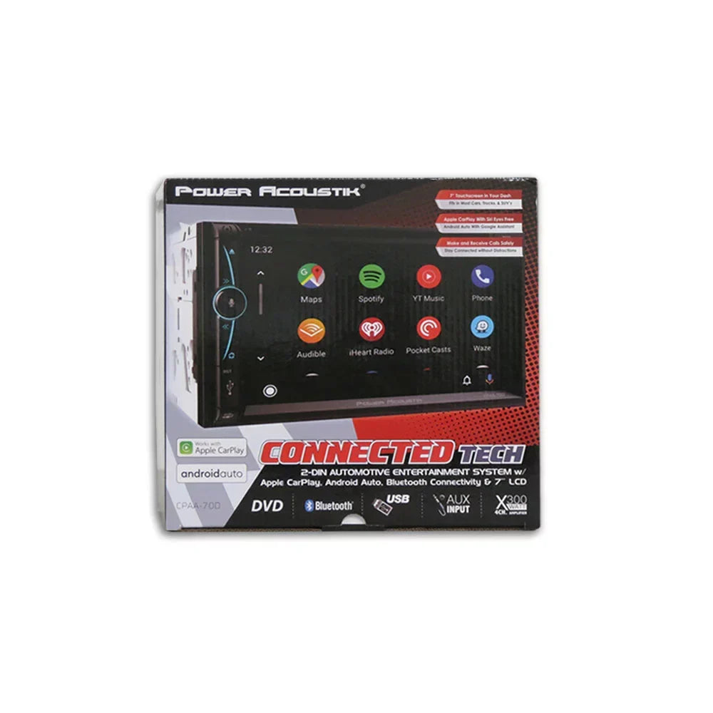 Power Acoustik CPAA-70D 2 Din 7" DVD CD Stereo Bluetooth W/ Apple Carplay & Android Auto with DCO Full License Plate Night Vision Waterproof Back-up Camera