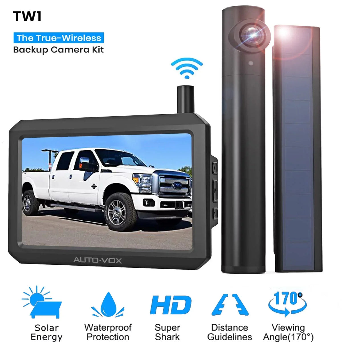 Auto-Vox Solar Wireless Backup Camera for Campervans, 2 Channel Wireless License Plate Back Up Rear View Camera with Solar Panel for Trucks Trailers (TW1)