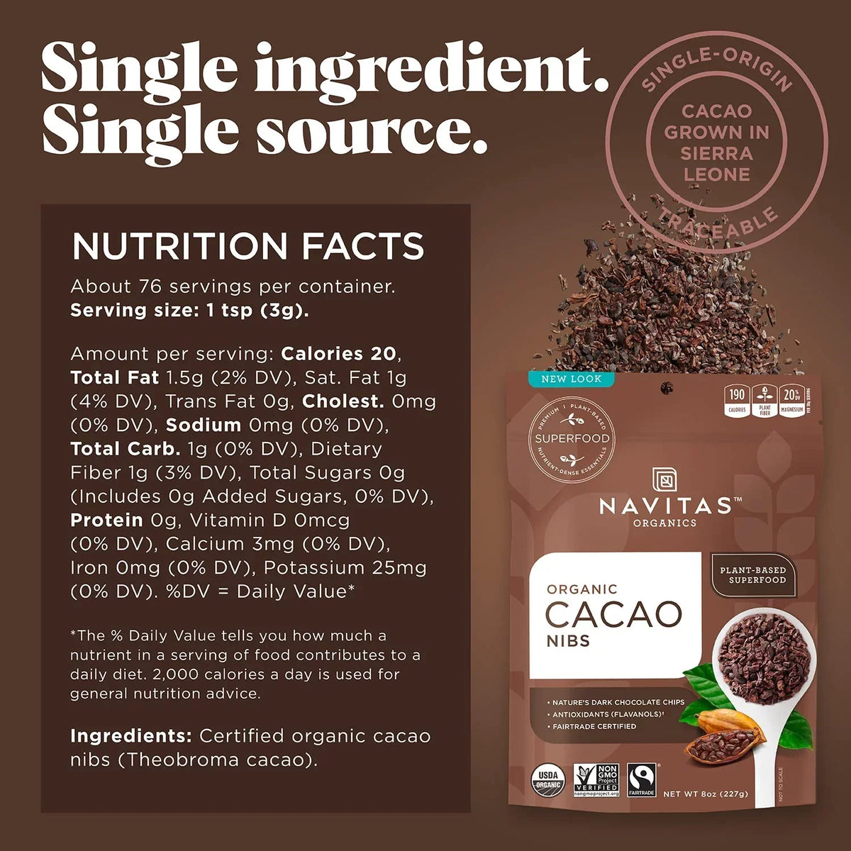 Navitas Organics Raw Cacao Nibs, 8 oz. Bag, 76 Servings  Organic, Non-GMO, Fair Trade, Gluten-Free