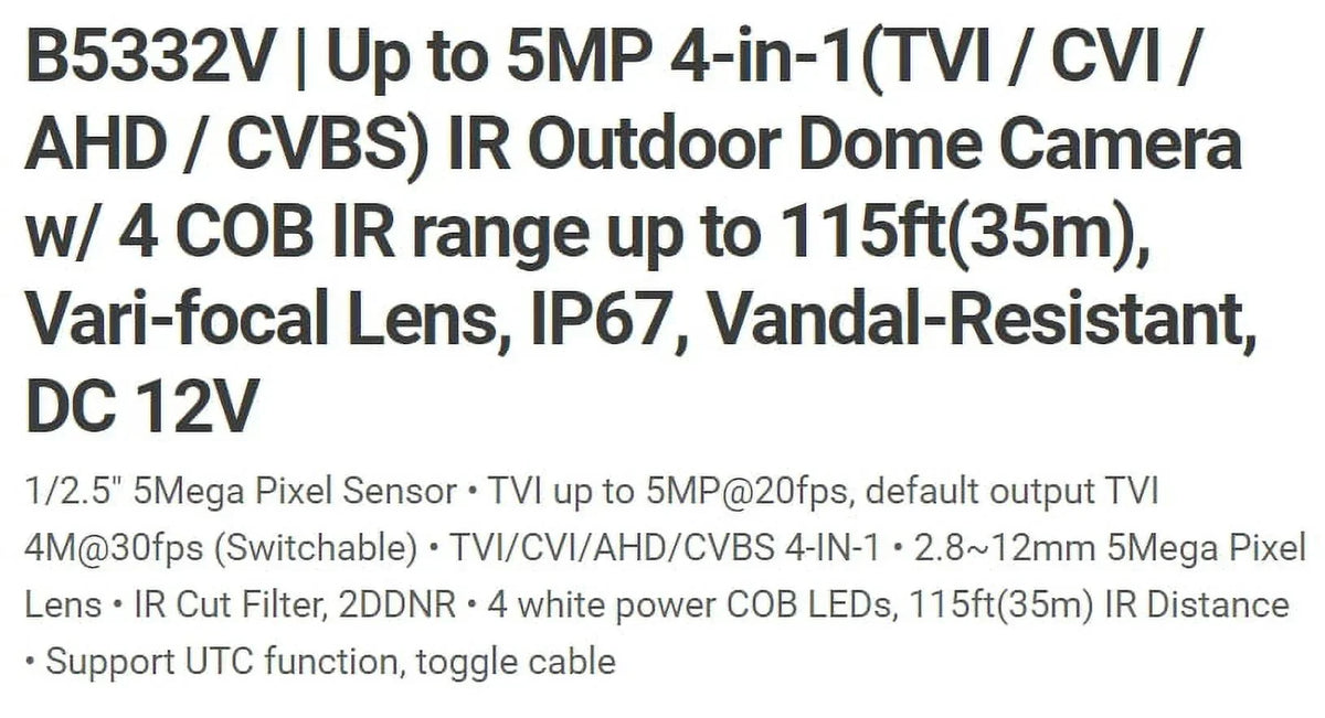 Eyemax TIV B5332V-W HD-TVI 5MP IR Vandal DOME Camera 2.8-12mm, 4 COB IR LED 12V DC