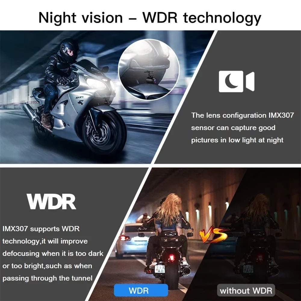 VSYSTO 2 Inch Screen HD 1080P Motorcycle Dash Cam, Full Body Waterproof SonyIMX307 150° Wide Angle Fish Eye Lens Front and Rear Camera, WDR, Night Vision, Loop Recording, G-sensor
